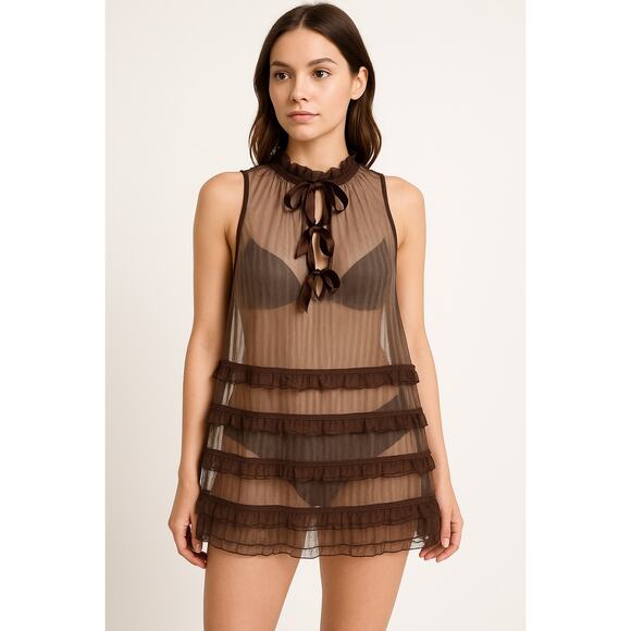 Free People Sheer Brown Tulle Ruffle Mini sexy  Dress with Bow Neck Tie large - Picture 1 of 11